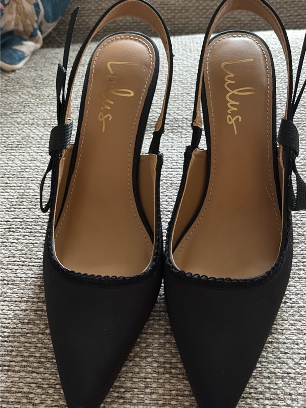 Lulu's Black Pointed Slingback Heels with Side Bow Accent